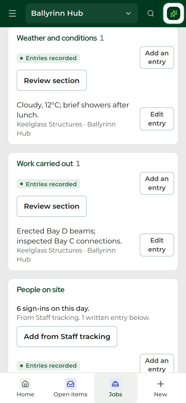 The Ballyrinn Hub site diary on a phone: the weather, what was done that day and the people on site, from six sign-ins.