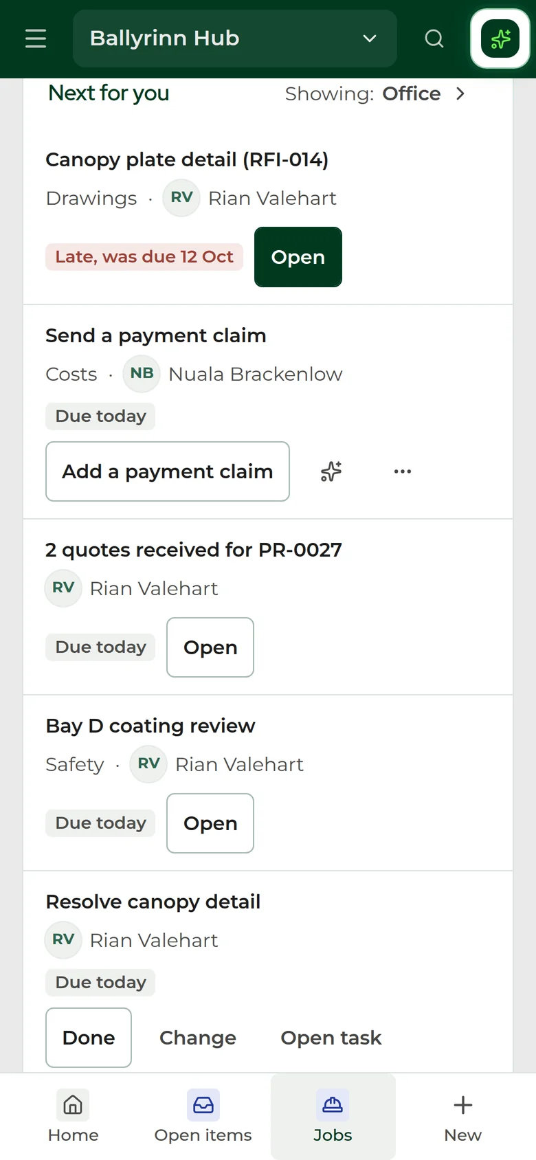 Ballyrinn Hub on a phone: Next for you, with the canopy plate detail RFI late since 12 October, a payment claim, two quotes in and the Bay D coating review.