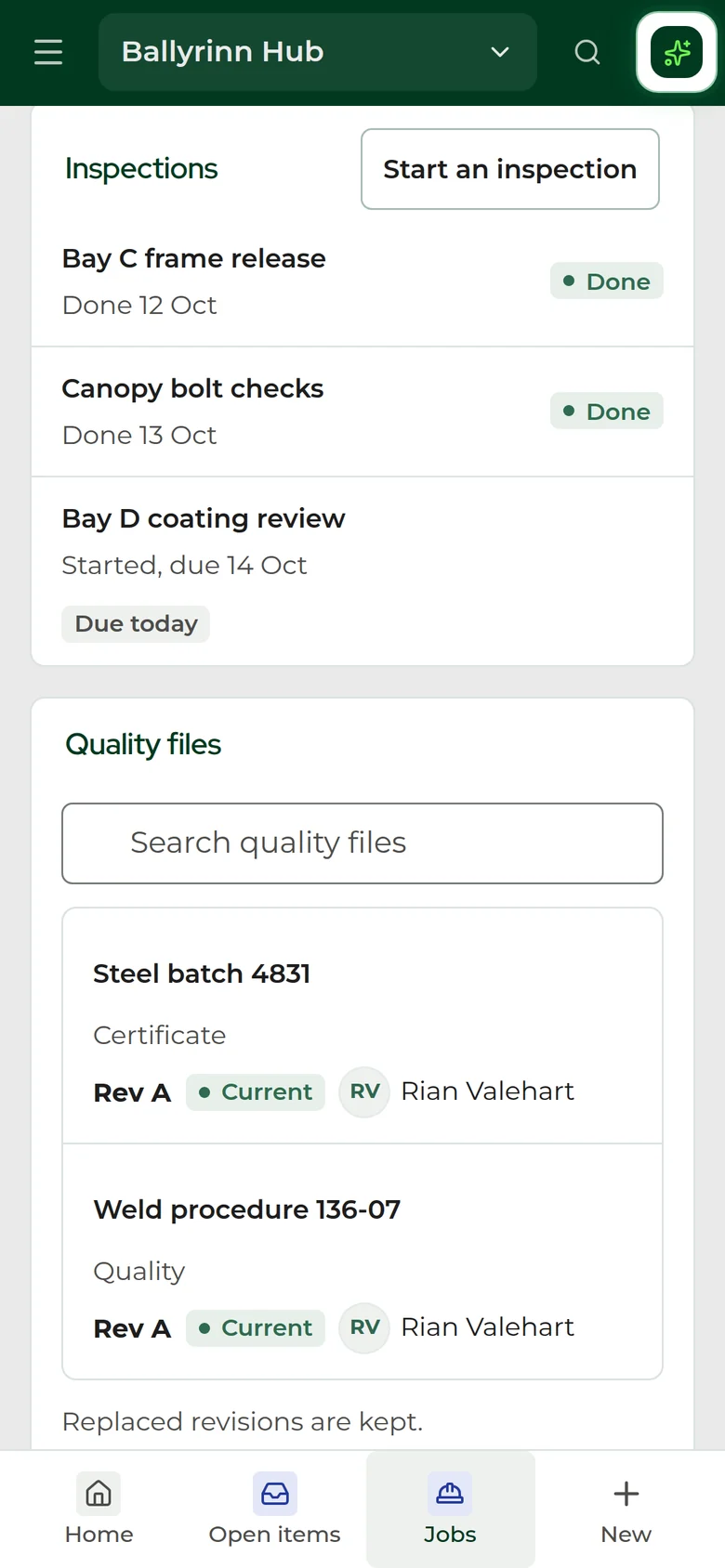 Quality on a phone: two inspections done, the Bay D coating review due today, and the job's quality files with their current revisions.