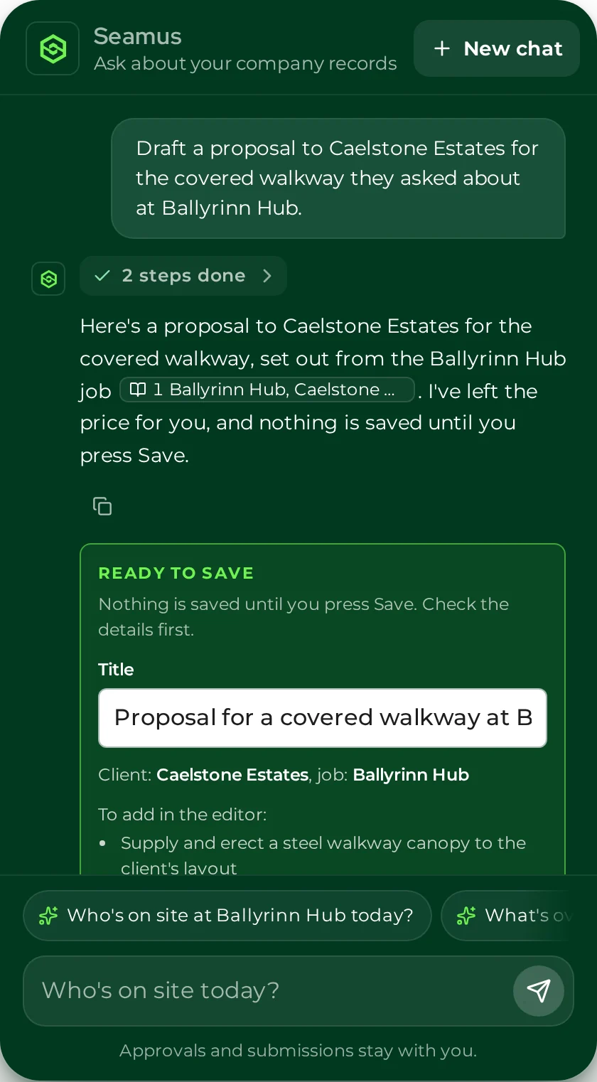 Seamus drafting a client proposal to Caelstone Estates for a covered walkway at Ballyrinn Hub, ready to check and save, with the price left for you.
